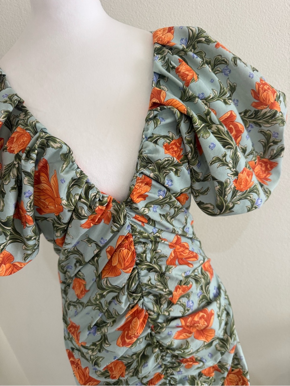 Agua by Agua Bendita Light Blue Midi Dress with Orange Floral Print